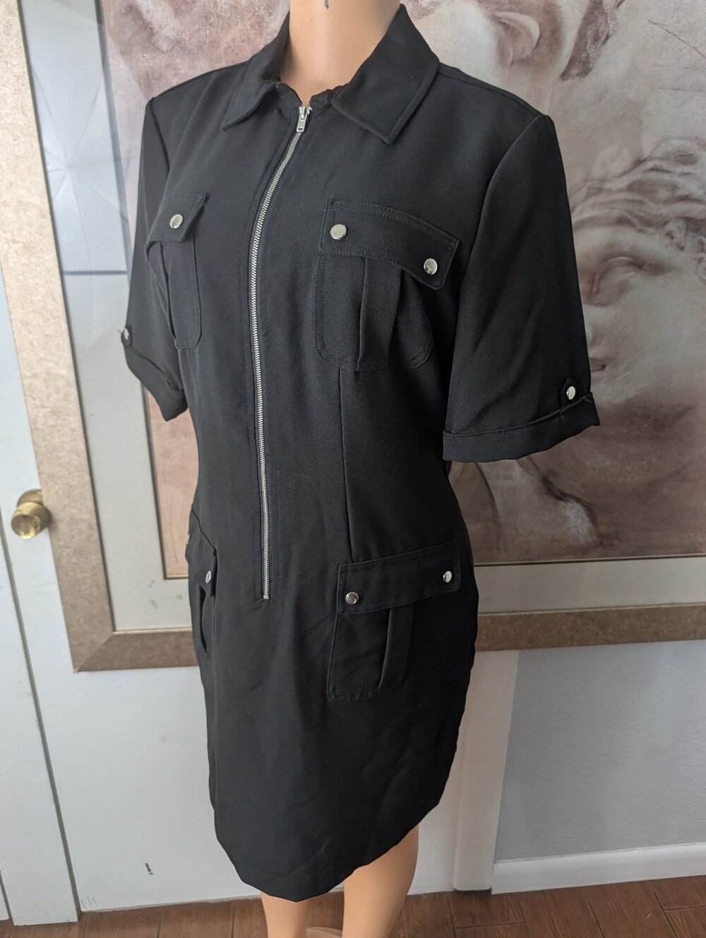 True Envy Black Short Sleeve 4-Pocket Safari Shift Dress Size 10